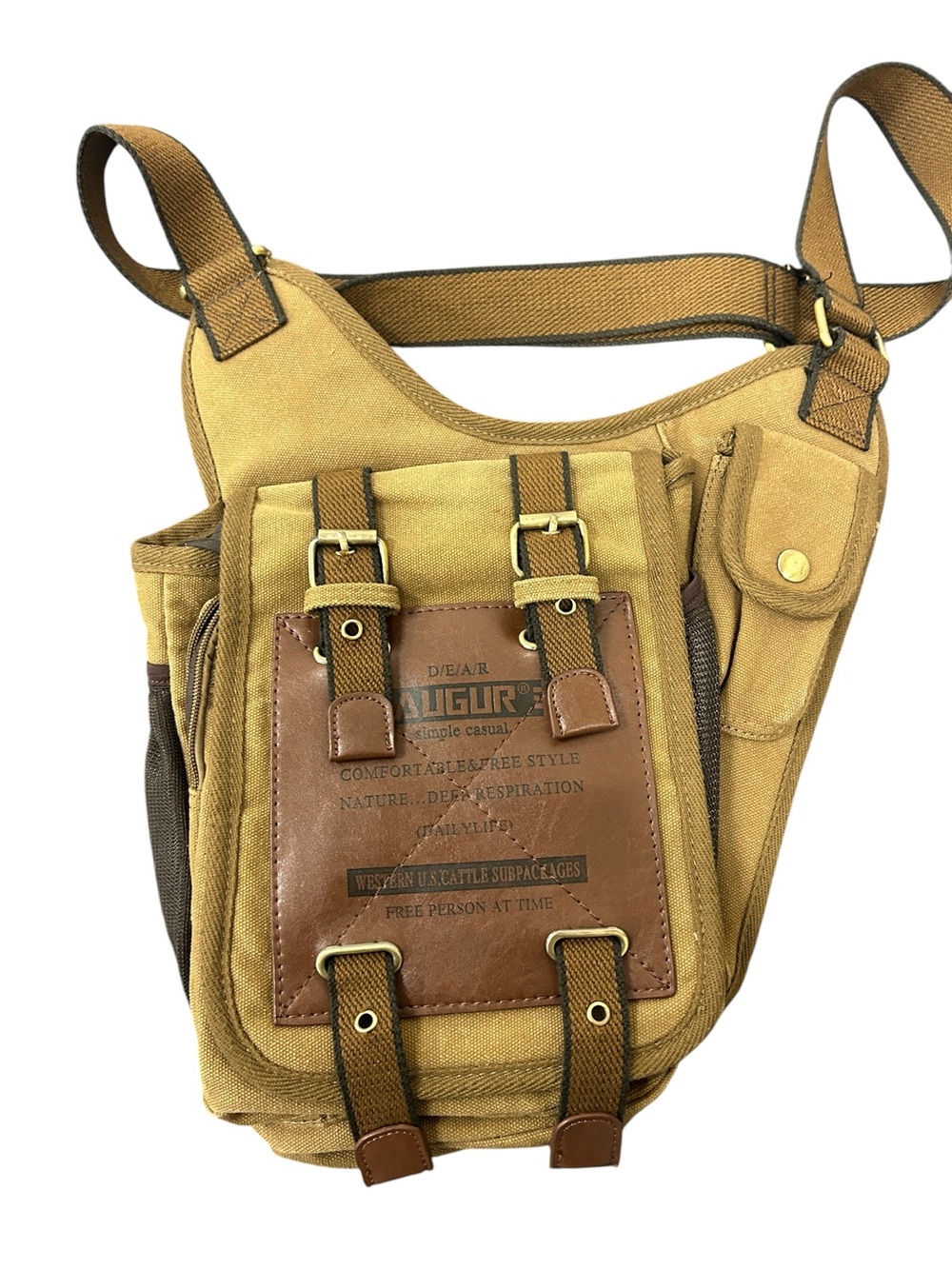 Augur Canvas Utility Crossbody Bag Tan Brown Multi Pocket Adjustable Strap - Picture 3 of 8